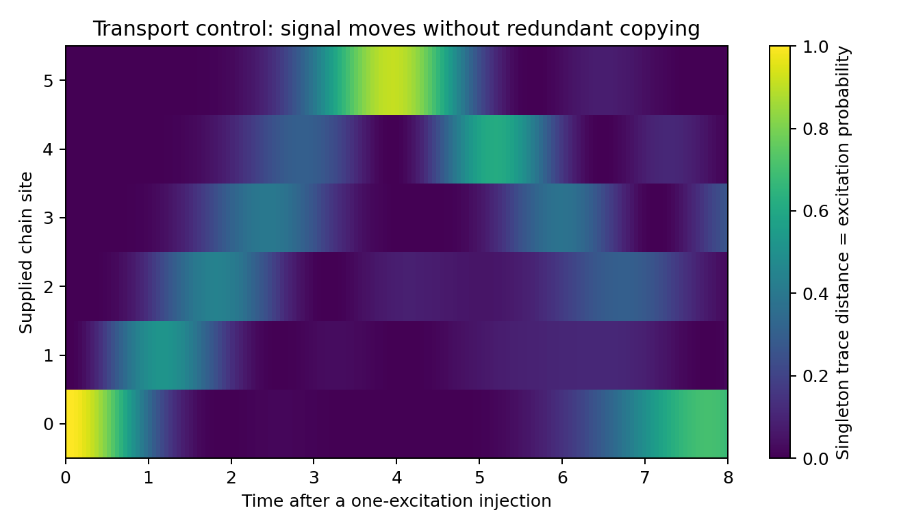 Single-excitation transport in a six-site exchange chain.